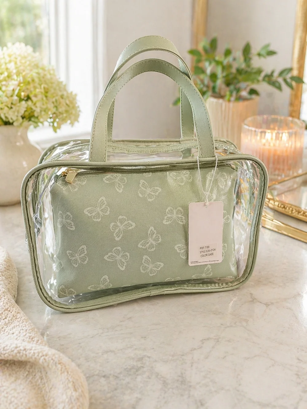✨ Clear Travel Cosmetic Bag Set (Sage) + FREE Beauty Bundle ✨